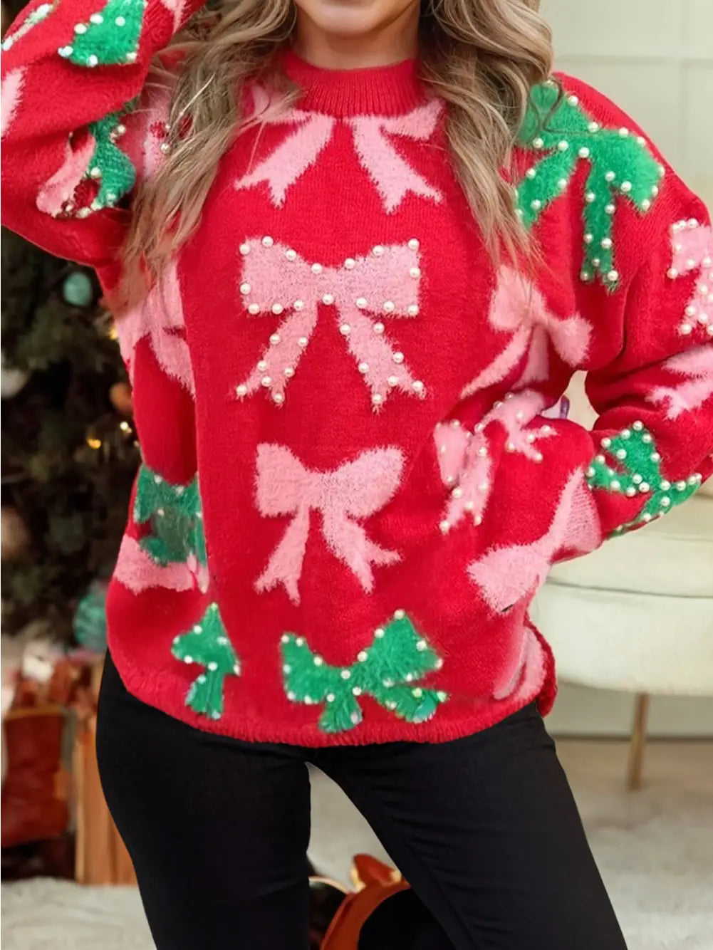 Bow Pearl Christmas Sweater