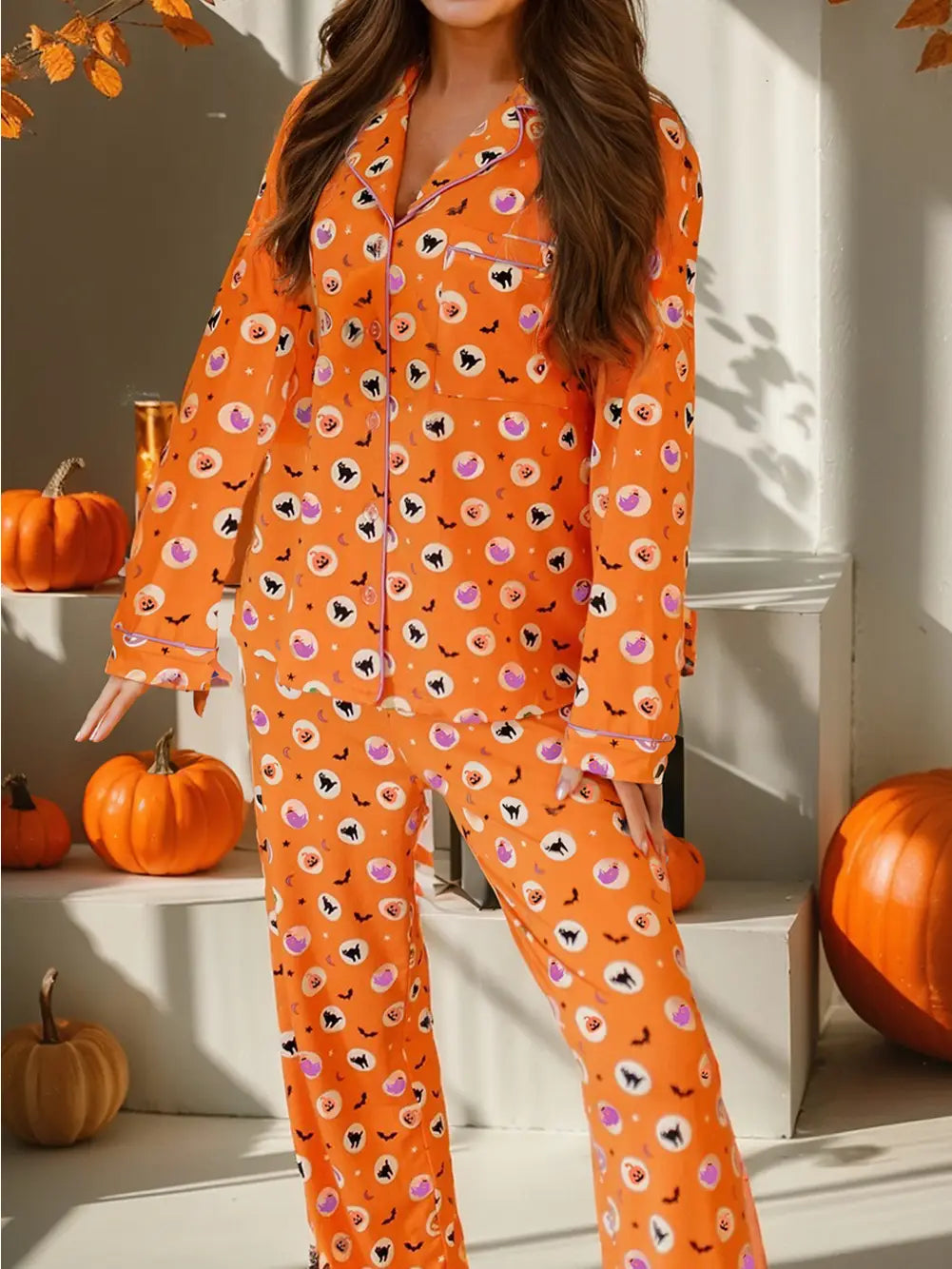 Halloween Print Lapel Shirt Long 2pcs Pajama Set