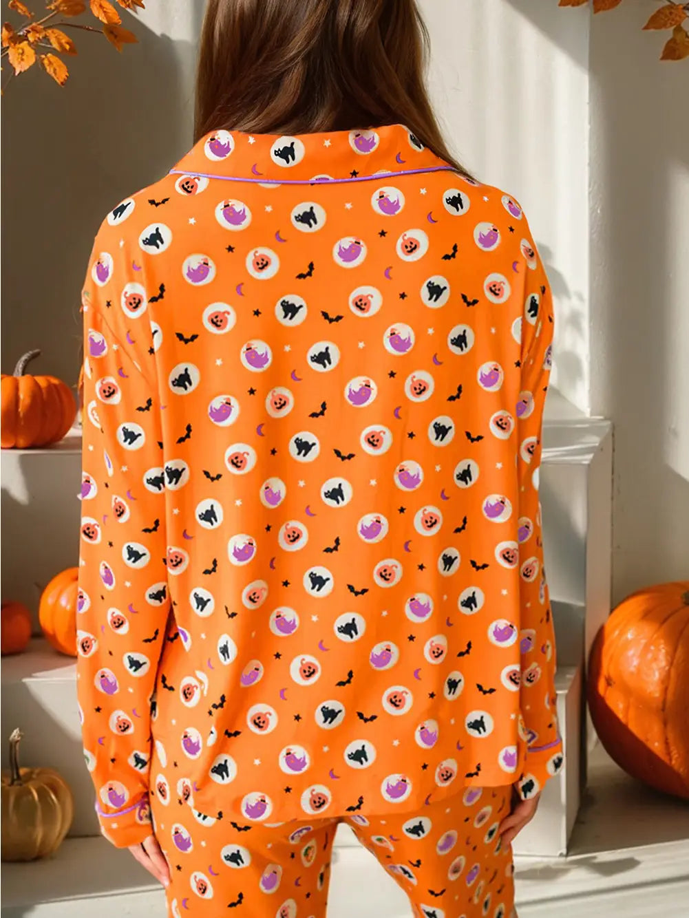 Halloween Print Lapel Shirt Long 2pcs Pajama Set