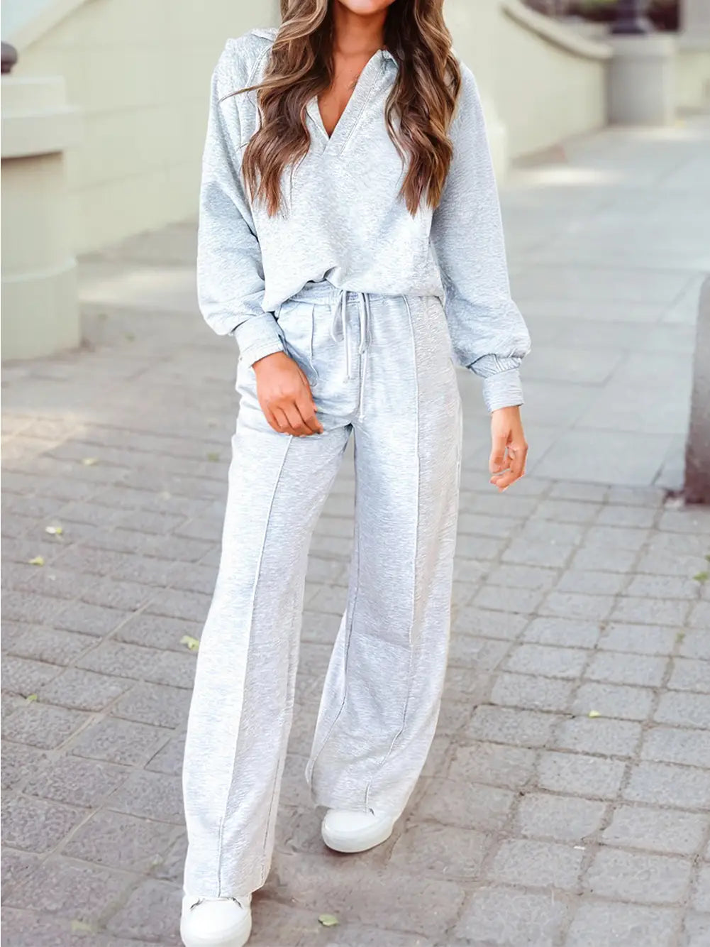 Polo Collar V Neck Pullover and Drawstring Sweatpants Set