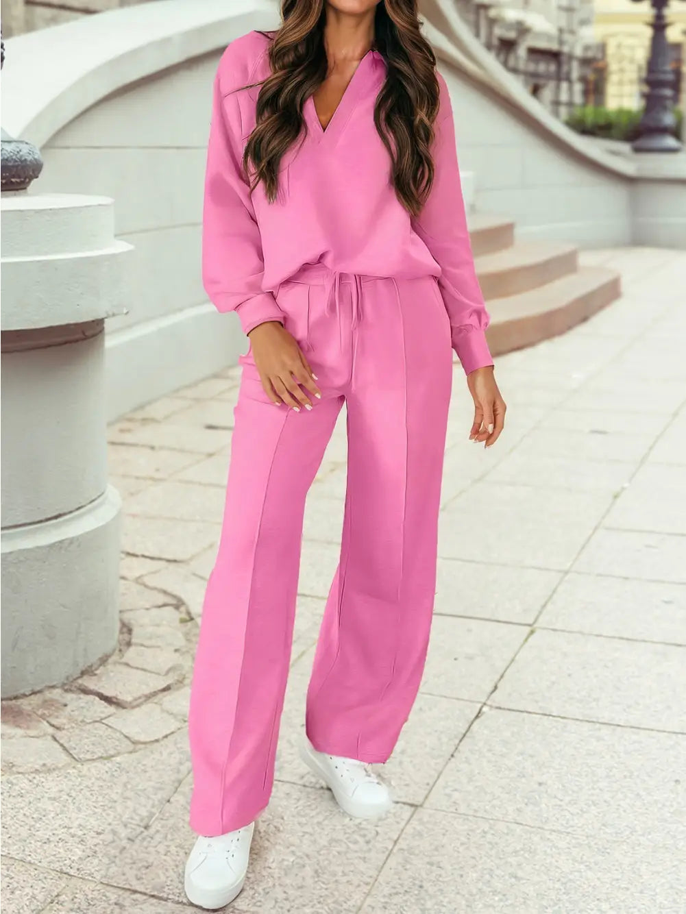 Polo Collar V Neck Pullover and Drawstring Sweatpants Set