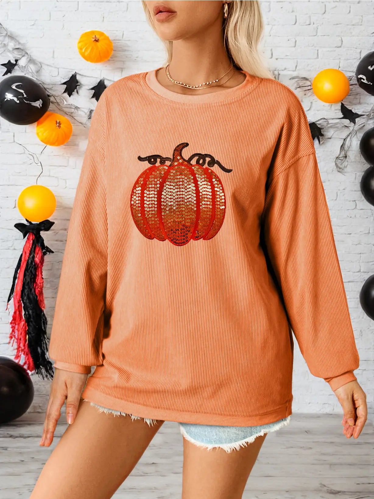 Sequined Pumpkin Ribbed Round Neck Halloween Sweatshirt