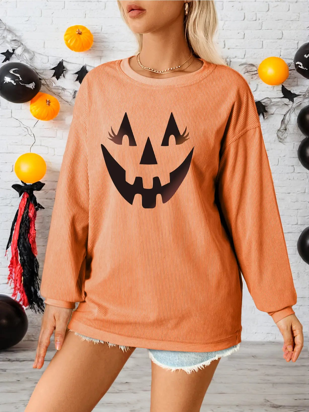 Sequined Pumpkin Ribbed Round Neck Halloween Sweatshirt