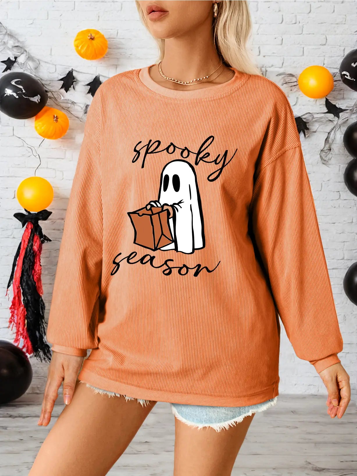 Sequined Pumpkin Ribbed Round Neck Halloween Sweatshirt