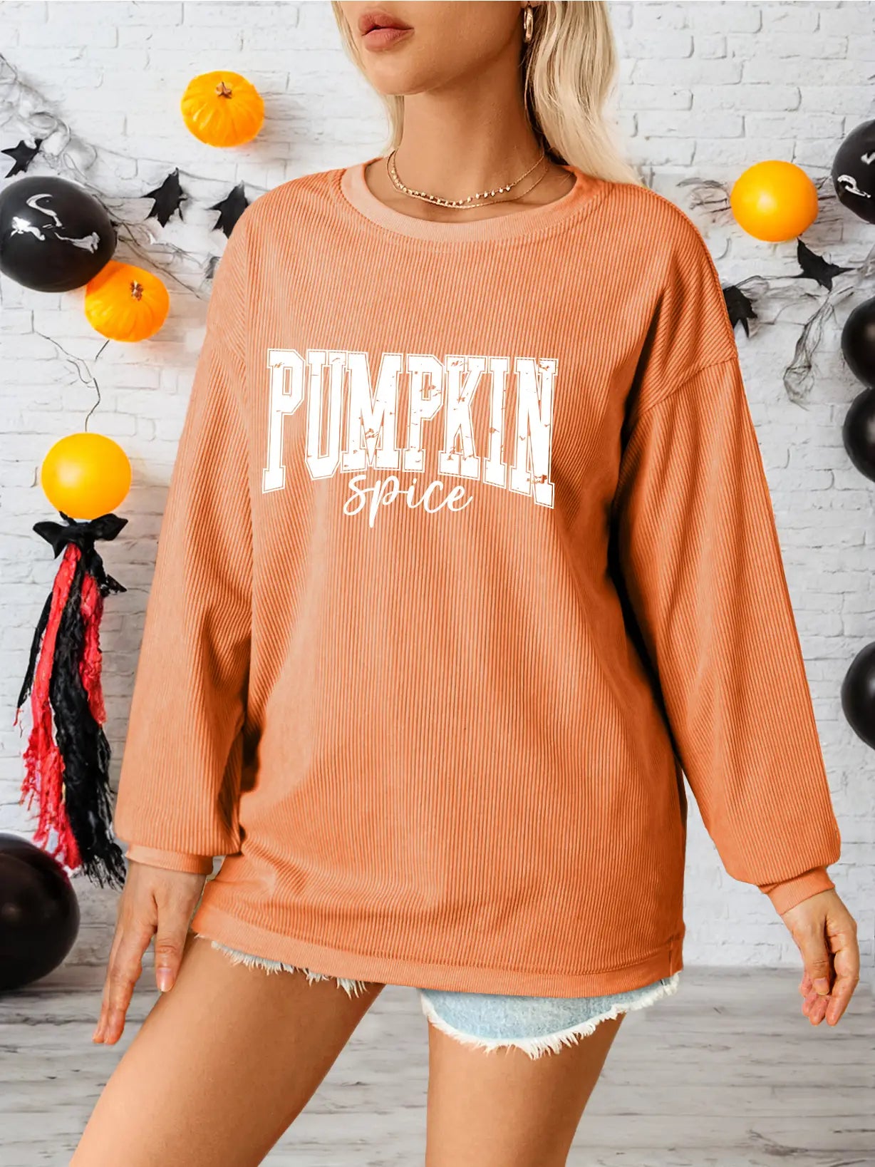 Sequined Pumpkin Ribbed Round Neck Halloween Sweatshirt