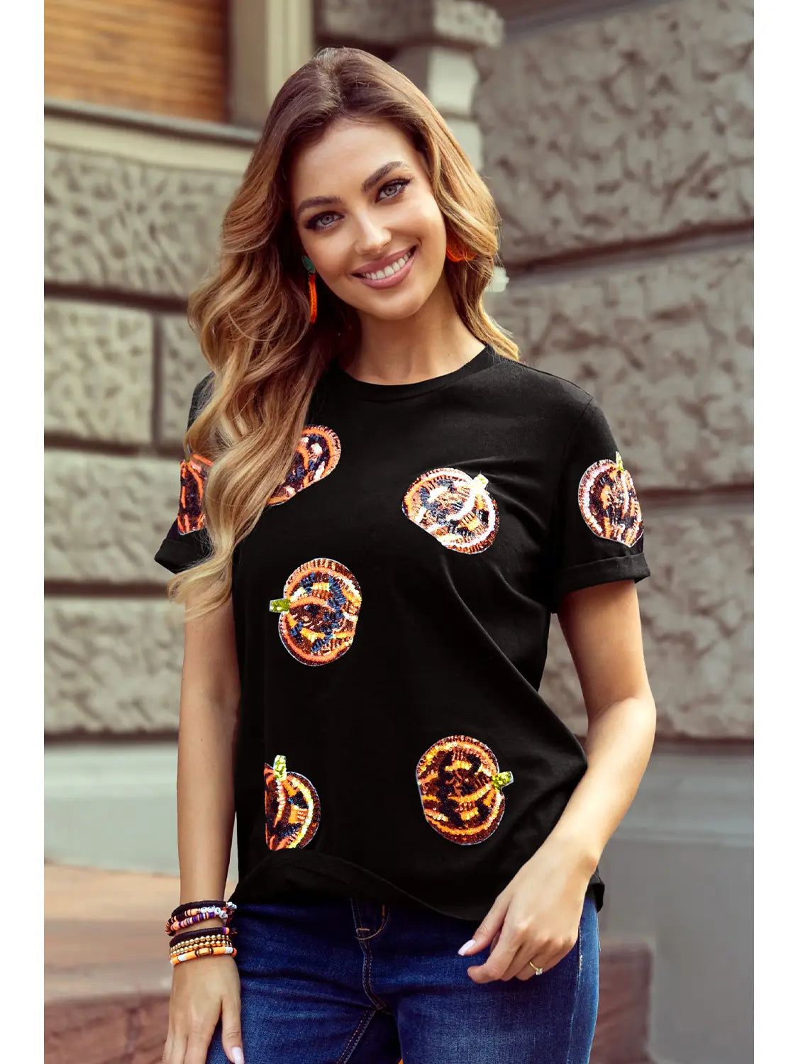 Sequin Pumpkin Face Halloween T Shirt