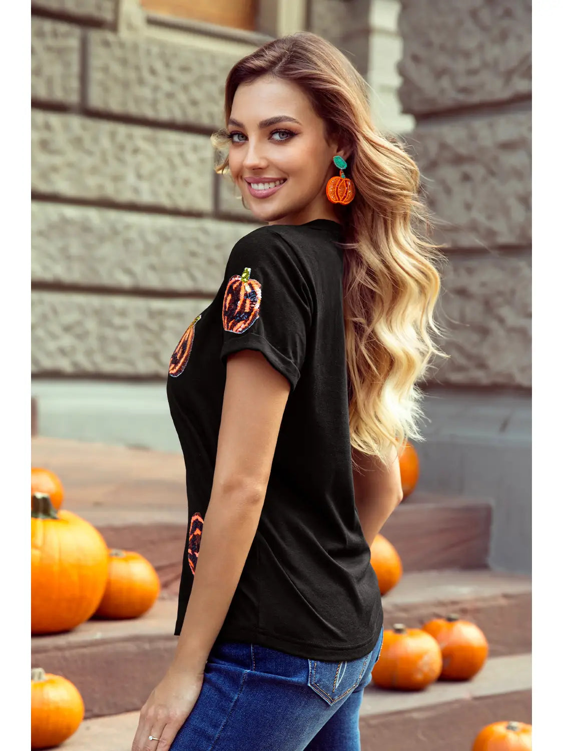 Sequin Pumpkin Face Halloween T Shirt