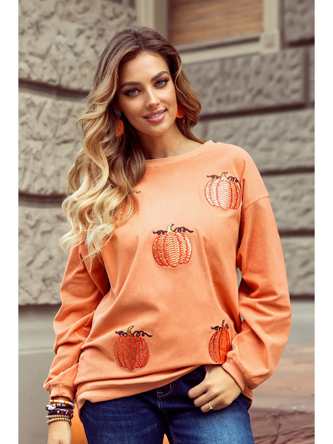 Sequin Pumpkin Patched Twisted Rib Baggy Sweatshirt