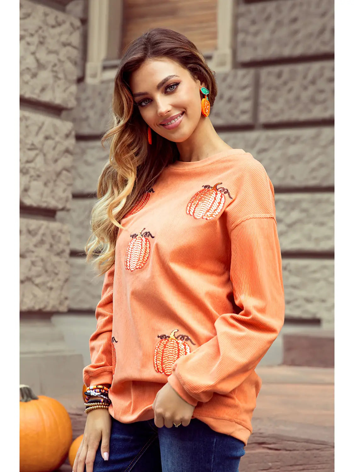 Sequin Pumpkin Patched Twisted Rib Baggy Sweatshirt