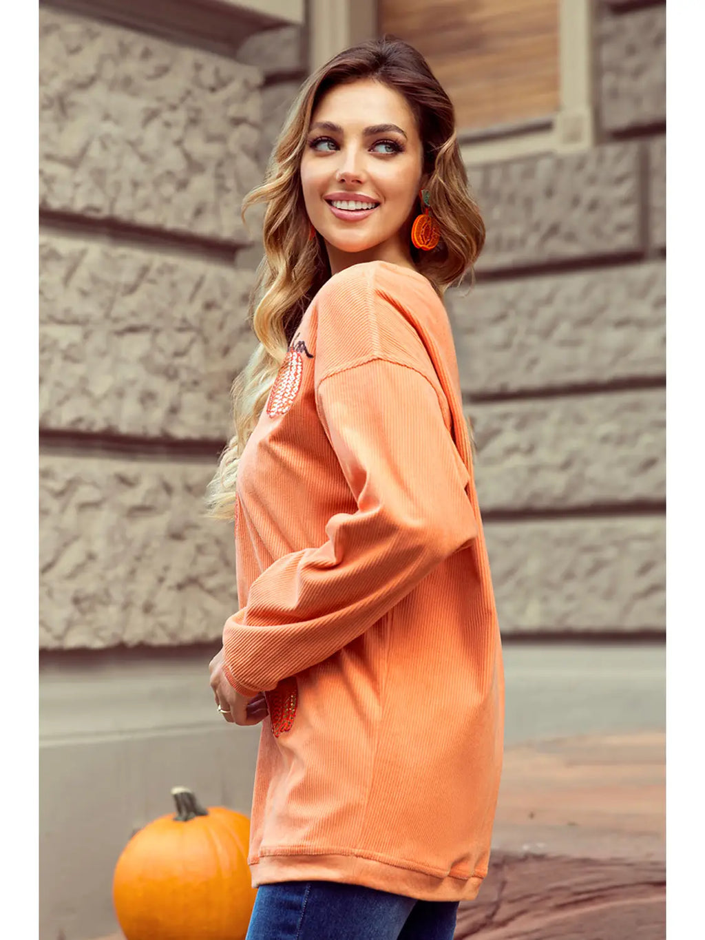 Sequin Pumpkin Patched Twisted Rib Baggy Sweatshirt