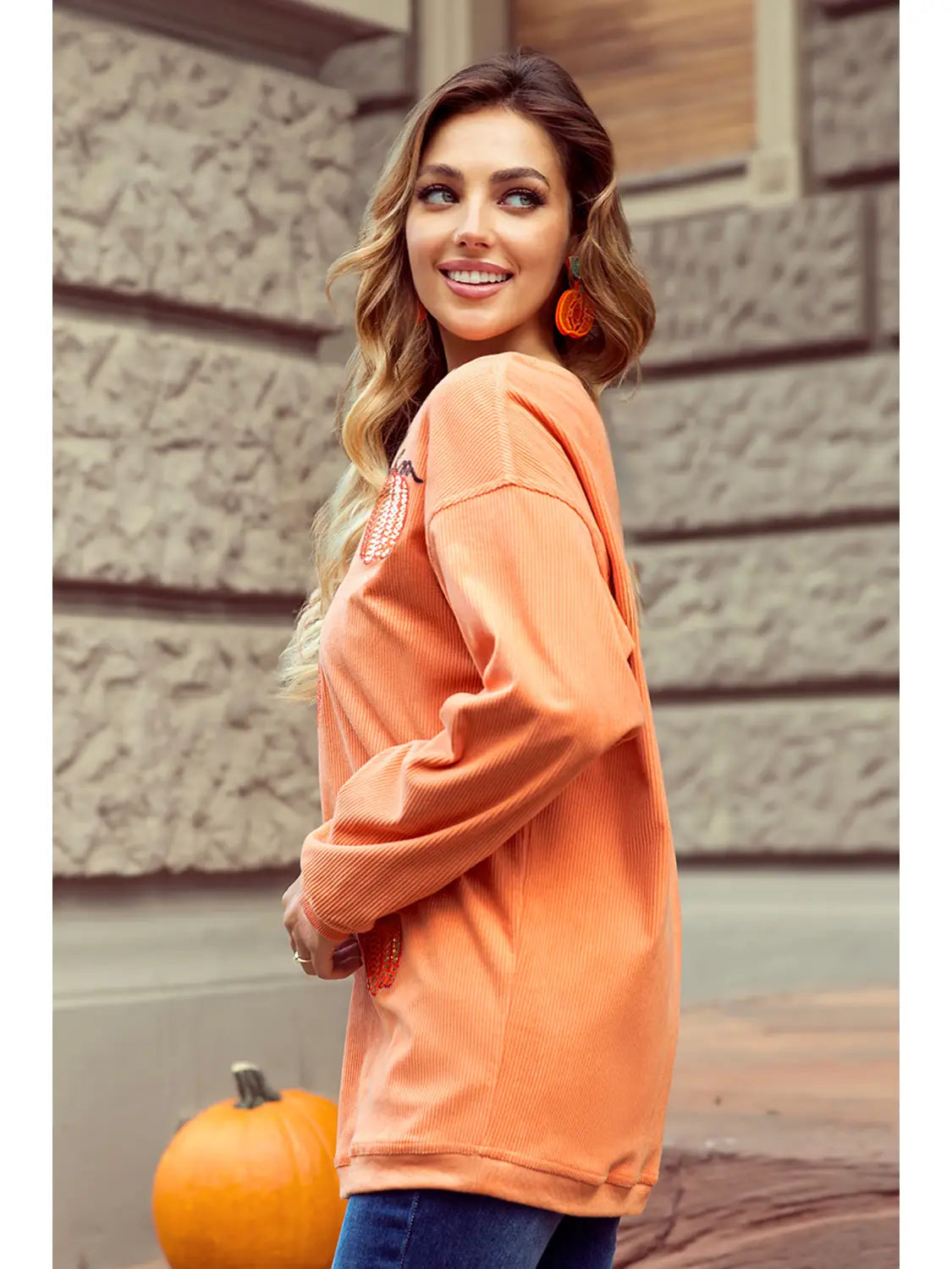 Sequin Pumpkin Patched Twisted Rib Baggy Sweatshirt