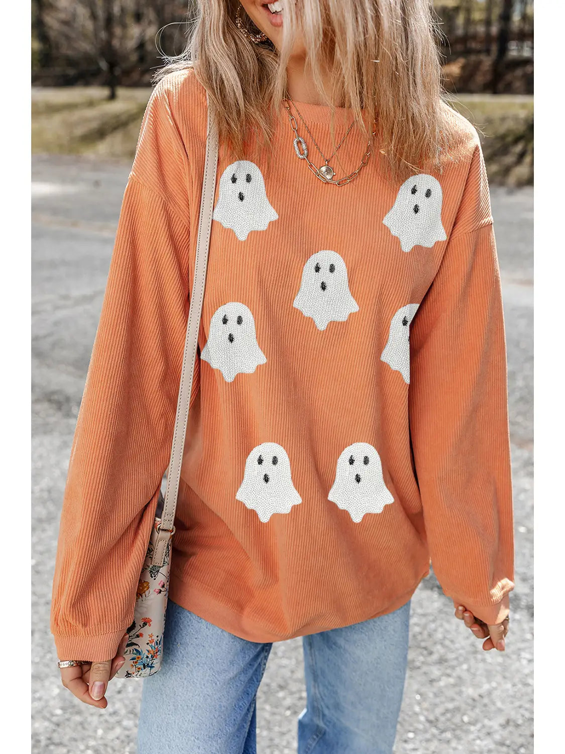 Ribbed Texture Halloween Ghost Sequin Patched Sweatshirt