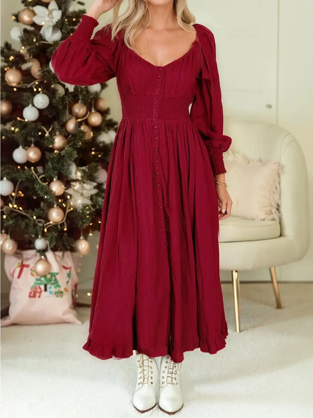 Smocked High Waist Button Down Long Sleeve Flared Dress