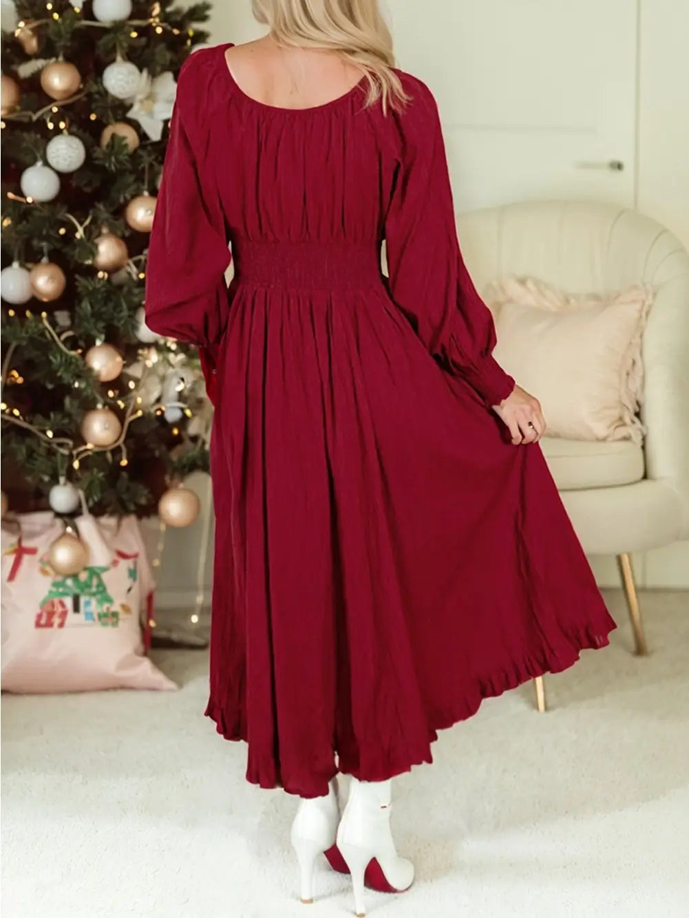 Smocked High Waist Button Down Long Sleeve Flared Dress