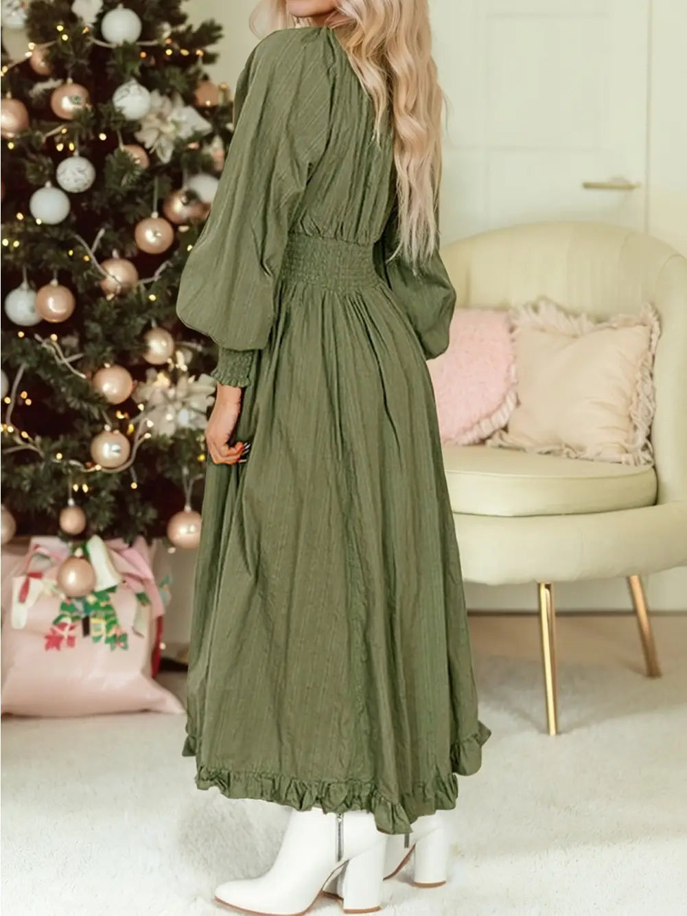 Smocked High Waist Button Down Long Sleeve Flared Dress