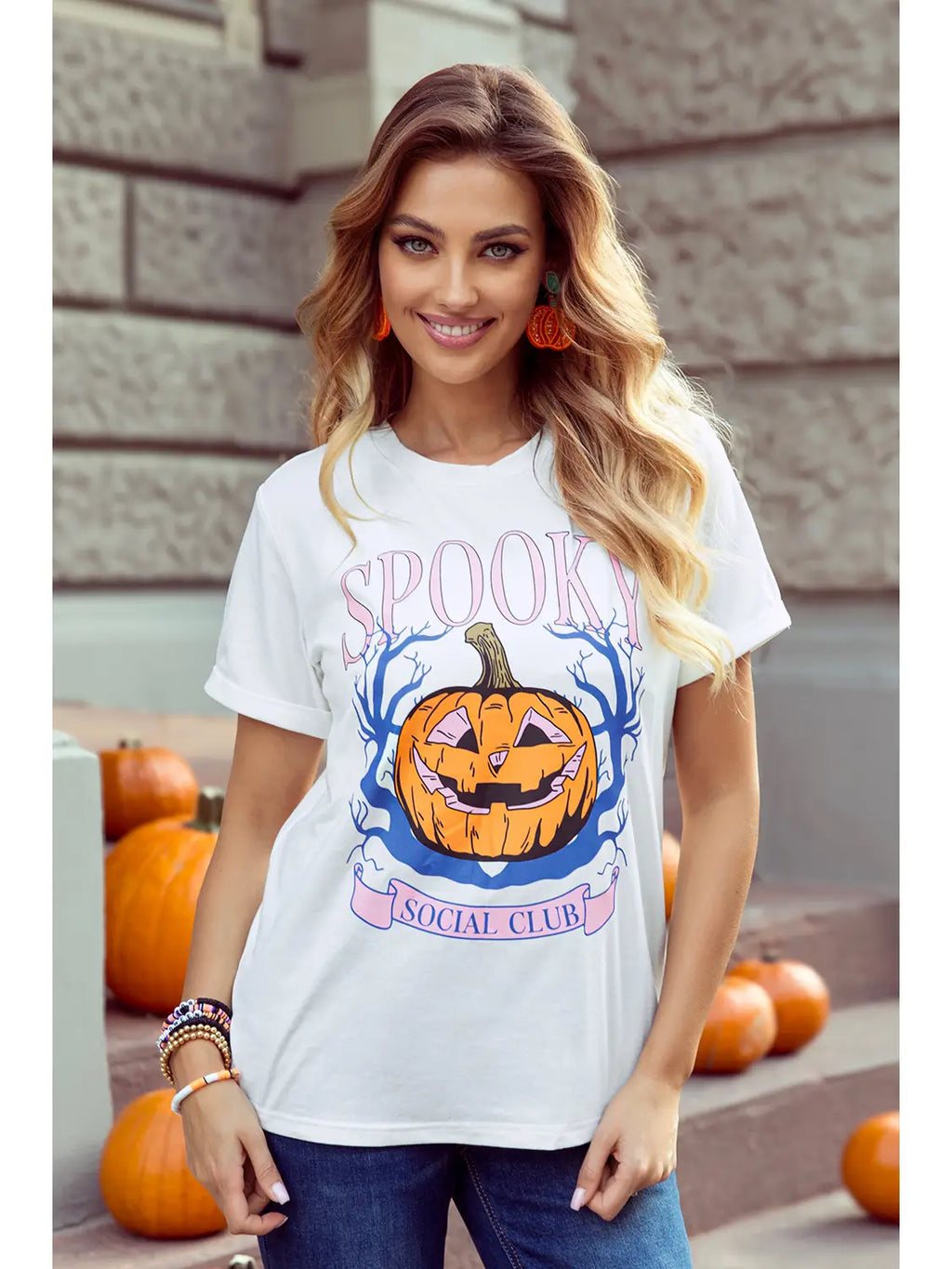 Spooky Pumpkin Print Round Neck Halloween T Shirt