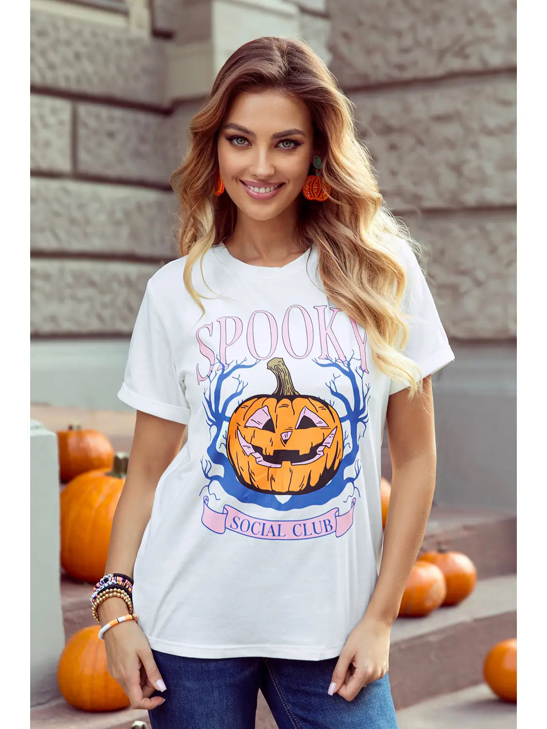 Spooky Pumpkin Print Round Neck Halloween T Shirt