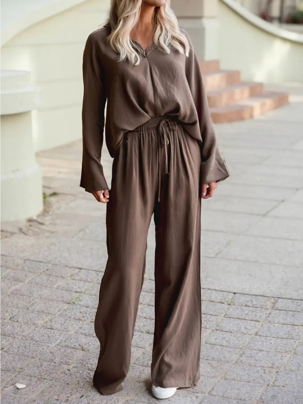 Sleeve Loose Top and Drawstring High Waist Pants 2pcs Outfit