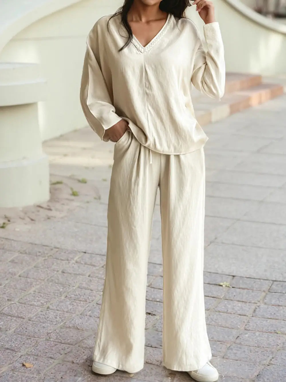 Sleeve Loose Top and Drawstring High Waist Pants 2pcs Outfit