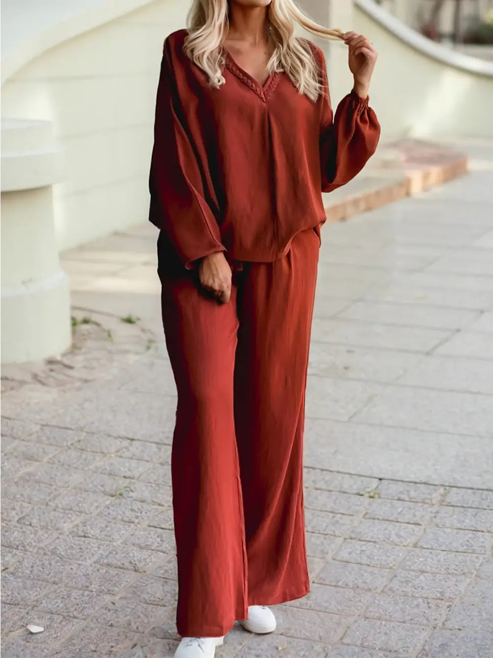 Sleeve Loose Top and Drawstring High Waist Pants 2pcs Outfit