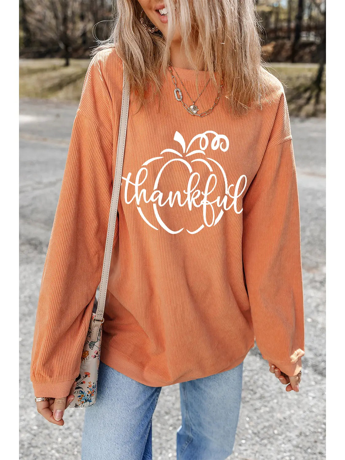 Pumpkin Thankful Graphic Corded Thanksgiving Sweatshirt