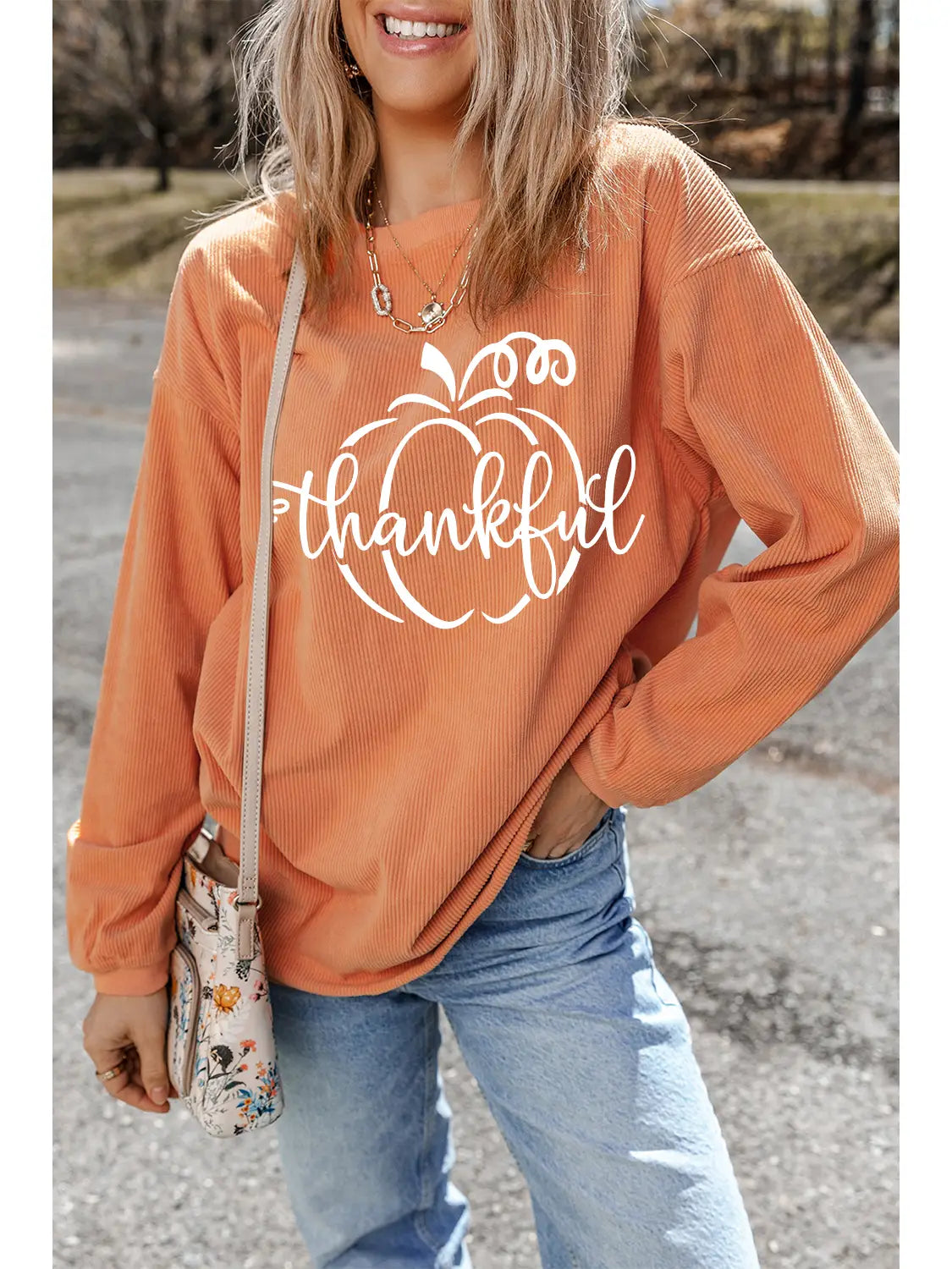 Pumpkin Thankful Graphic Corded Thanksgiving Sweatshirt