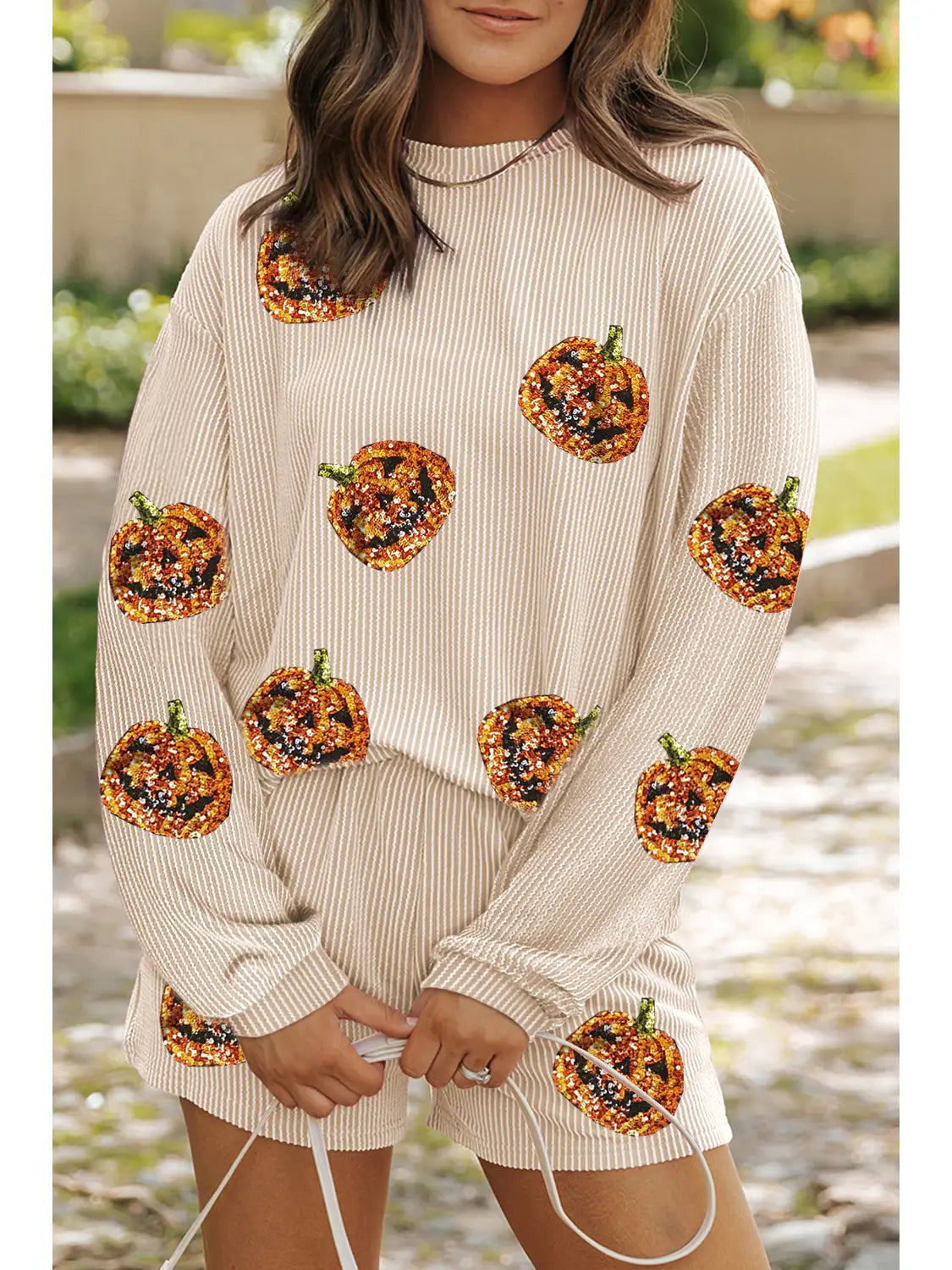 Twisted Rib Halloween Long Sleeve Pullover and Shorts Set