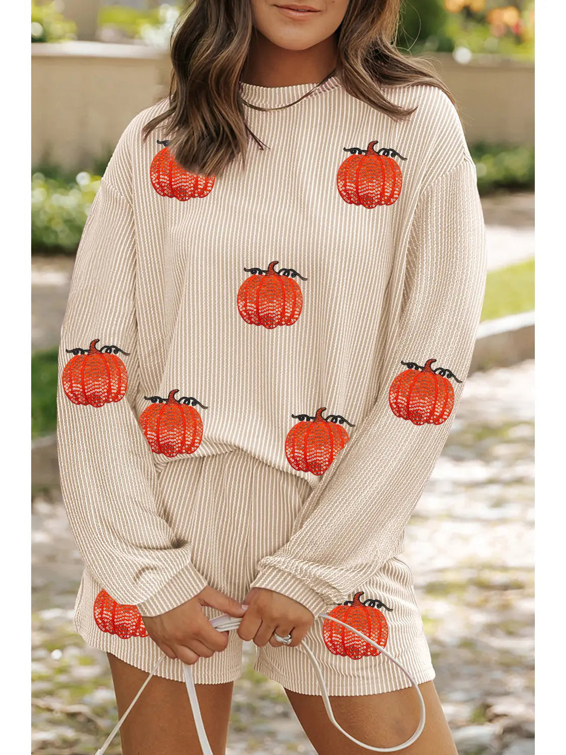 Twisted Rib Halloween Long Sleeve Pullover and Shorts Set